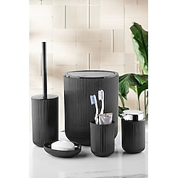 NESS HOME Unique 5'li Krom Çizgili Yuvarlak Banyo Takımı / Premium Series / Çöp Kovası Sabunluk WC Fırçalık