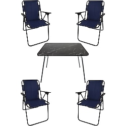 Bofigo 60x80 Granit Desenli Katlanır Masa + 4 Adet Katlanır Sandalye Kamp Seti Bahçe Takımı Lacivert