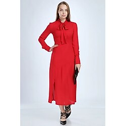 Selent Kadın Kırmızı Yakası Fularlı Uzun Elbise