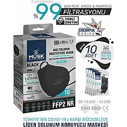 Musk Black FFP2 NR N95 5 Katlı Meltblown Siyah 10'lu 3 Paket Ultrasonik Koruyucu Maske