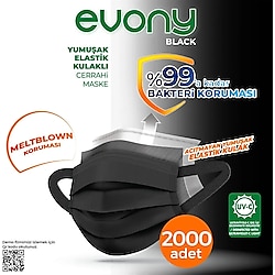 Evony Black 3 Katlı Yumuşak Elastik Kulaklı Siyah 50'li 40 Paket Cerrahi Maske