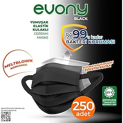 Evony Black 3 Katlı Yumuşak Elastik Kulaklı Siyah 50'li 5 Paket Cerrahi Maske