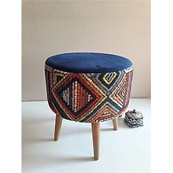 ALBATROS Gürgen Retro Ahşap Ayaklı Dekoratif Etnik Üst Lacivert Desenli Silindir Puf Bench Koltuk Sandalye