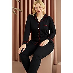 Siyah İnci Siyah-kırmızı Pamuklu Likralı Büyük Beden Battal Düğmeli Cepli Biyeli Uzun Kollu Pijama Takımı