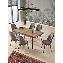 Kaffahome Kahverengi 80x130 Açılabilir Masa Sandalye Takımı Mutfak Masası Yemek Masası, 6 Gri Sandalye