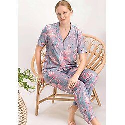 Arnetta Flamingo Açık Lila Düğmeli Kısa Kollu Kadın Gömlek Pijama Takımı