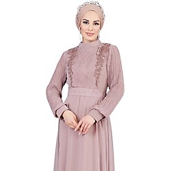 Moda Echer Piliseli ve Güpür Detaylı Tesettür Abiye Elbise 7673 indigo 38