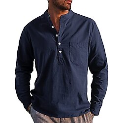Voqeen Henley erkek keten gömlek, yazlık gömlek, gündelik, kısa kollu, cepli ve düğmeli plaj gömleği, Uzun kollu - deniz mavisi, L
