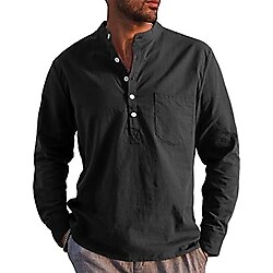 Voqeen Henley erkek keten gömlek, yazlık gömlek, gündelik, kısa kollu, cepli ve düğmeli plaj gömleği, Uzun kollu - siyah, XL