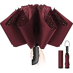 Kompakt Şemsiye, Rüzgar Geçirmez, Sağlam- Erkekler ve Kadınlar için, Otomatik, Rüzgar Geçirmez Ters Şemsiye, 210T Teflon Kaplama 105 cm Açıklık, 10 Yüzeyli Büyük Şemsiye, kırmızı