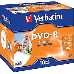 VERBATIM DVD-R WIDE INKJET PRINTABLE ID BRANDED 10PK JC 4.7GB 16X
