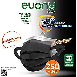 Evony Black 3 Katlı Yumuşak Elastik Kulaklı Siyah 50'li 5 Paket Cerrahi Maske