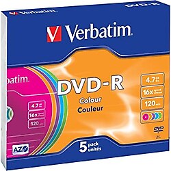 VERBATIM DVD-R 16X 4.7GB COLOUR 5PK SLIM CASE DATALIFE PLUS