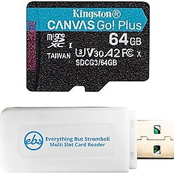 Kingston MicroSDXC 64 GB Canvas Go Plus Hafıza Kartı GoPro Hero 12 Siyah, Hero 11, Hero 11 Mini, Hero 10 Black Bone (SDCG3/64GB) Paketi (1) Everything But Stromboli MicroSD Kart Okuyucu ile çalışır