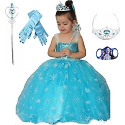 Parti Kırtasiye Elsa Kostümü - Frozen Elbise - Askılı Tarlatanlı - Maske Eldiven Taç Asa Kostüm - 5 - 6 Yaş - Mavi