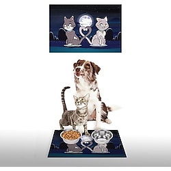 Vagonik Water Food Kedi Köpek Ay Desenli Dijital Baskılı 35X50CM Dekoratif Çok Amaçlı Iç ve Dış Kapı Paspası Mama Paspası