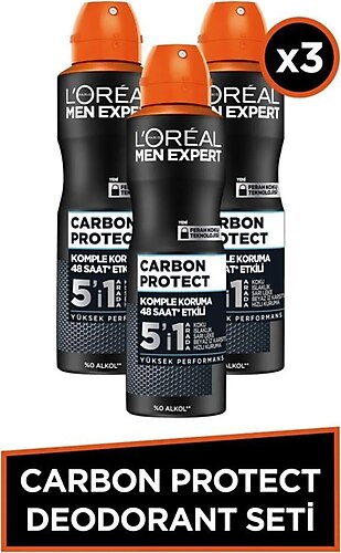 L'Oreal Paris Men Expert Carbon Protect Anti Perspirant 5'i 1 Arada Erkek Sprey Deodorant 150 ml 3'lü Set