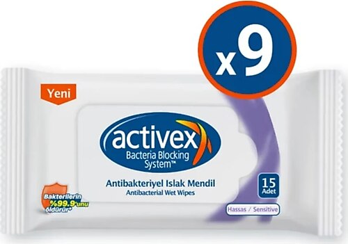 Activex Hassas Antibakteriyel 15 Yaprak 9'lü Paket Islak Cep Mendil