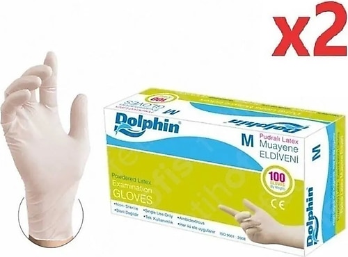 Dolphin Lateks Pudralı Orta Boy (M) 100 Adet 2'li Paket Muayene Eldiveni