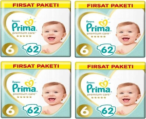 Prima Premium Care 6 Numara Ekstra Large 62'li 4 Paket Bebek Bezi