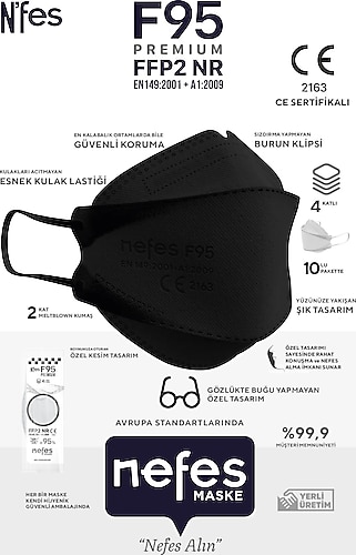 Nefes F95 F99/N95 FFP2 Premium Kore Tipi 10'lu 3 Adet Tekli Paketli Maske Siyah