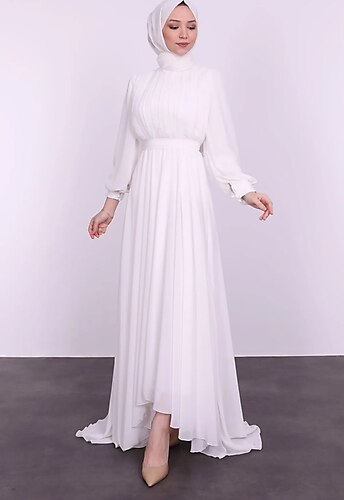 Lamia Giyim Beli Kuşaklı Pileli Tesettür Elbise Beyaz