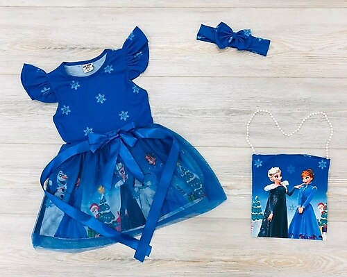 Cicim Moda Kız Çocuk Elbise Çantalı Saç Bantlı Elsa Frozen Baskılı