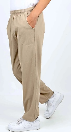 LECH STORE Erkek Bej Renkli Cepli Beli Lastikli Ince Yazlık Keten Şalvar Pantolon