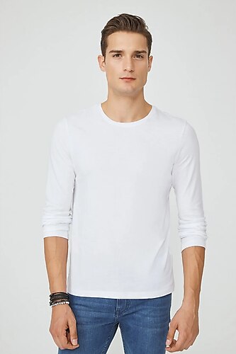 Avva Erkek Beyaz Bisiklet Yaka Düz Uzun Kol T-Shirt