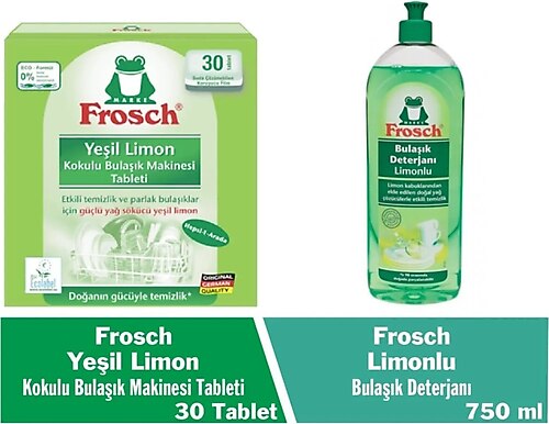 Frosch Yeşil Limon Kokulu 30'lu Bulaşık Makinesi Tableti ve Sıvı Bulaşık Deterjanı 750 ml