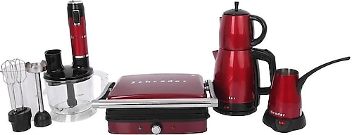 Schrader Sch-1543 Kırmızı 4lü Evim Çeyiz Seti Çaycı Blender Cezve Tost Makinası