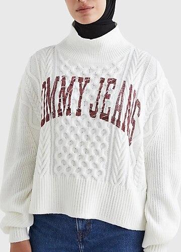 Tommy Jeans Dik Yaka Beyaz Kadın Kazak DW0DW14273YBL