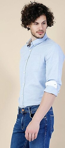 Regular Fit Shirt Neck Mavi Erkek Uzun Kol Gömlek