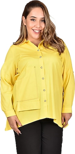Ultimod Sarı Cep Detaylı Büyük Beden Kadın Gömlek ULT8263