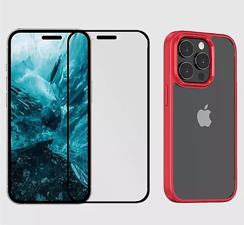 Bikapak 2 in 1 iphone 14 Pro Kapak ve 3d Ekran Koruyucu Kırmızı