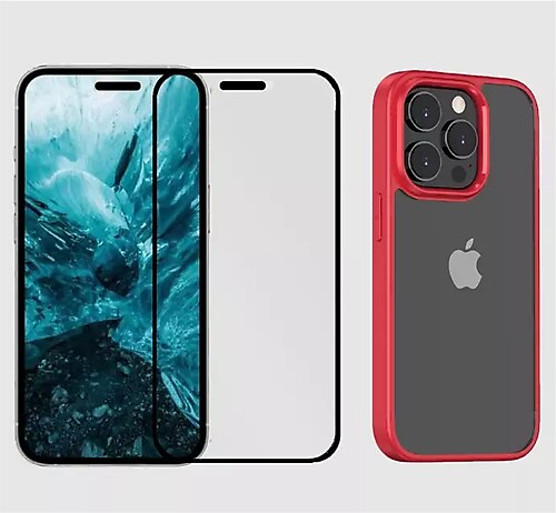 Bikapak 2 in 1 iphone 14 Pro Max Kapak ve 3d Ekran Koruyucu Kırmızı