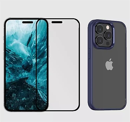 Bikapak 2 in 1 iphone 14 Pro Max Kapak ve 3d Ekran Koruyucu Mavi