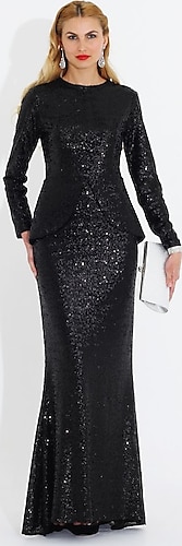 Nidya Moda Büyük Beden Peplum Pullu Payet Uzun Balık Abiye Siyah Elbise-4047s