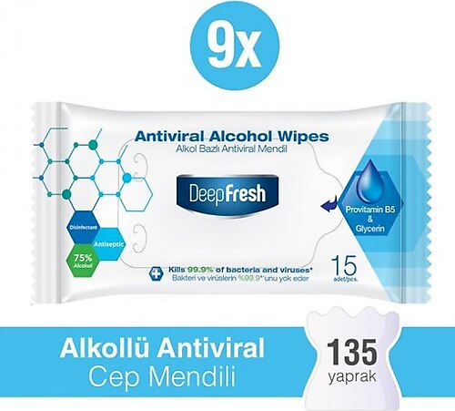 Deep Fresh Alkollü Antiviral 15 Yaprak 9'lu Paket Islak Cep Mendili