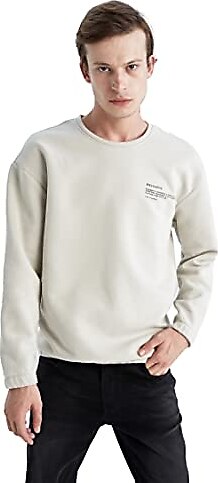 DeFacto Erkek Boxy Fit İçi Yumuşak Tüylü Baskılı Kalın Sweatshirt Kumaşı Geri Dönüşümlü Sweatshirt Kum Rengi (BG700) S