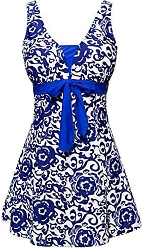 Wantdo Kadın Yüzme için Tek Parça Mayo Elbise Spor Baskısı Esneklik Çiçek Baskısı V Yaka Büyük Beden Göbek Kapağı Geniş Askılar Dolgulu Mavi-N EU48-50/ UK 20-22