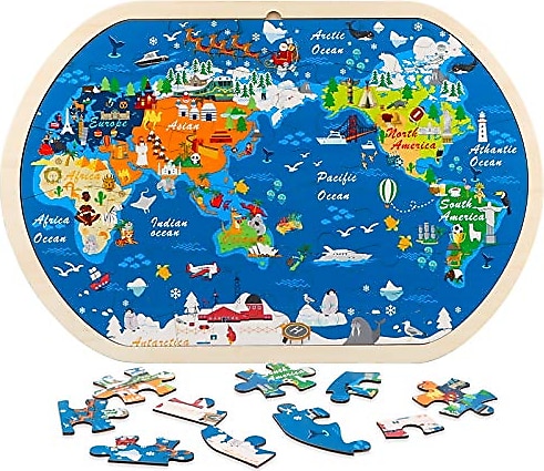 Jacootoys 31-Parça Ahşap Bulmacalar Dünya Haritası Bulmaca Eğitici Montessori Ahşap Oyuncak Çocuklar için 3 4 5 6 Yaş Erkek Kız Çocuk