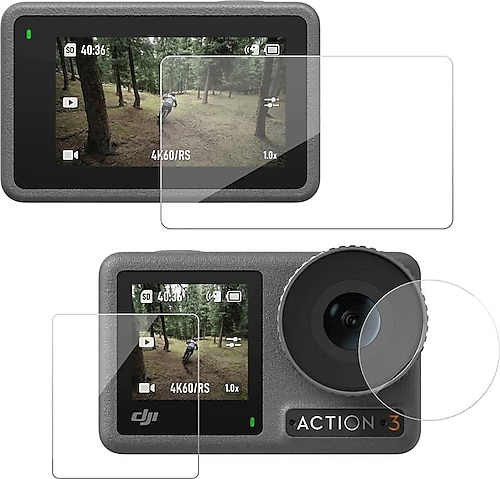 Telesin DJI Osmo Action 3 Uyumlu Temperli Kırılmaz Cam Filmi Ekran Koruyucu (Ön Ekran + Arka Ekran + Lens)