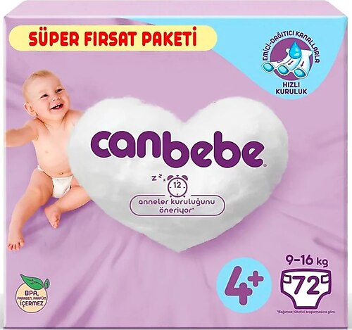 Canbebe 4+ Numara Maxi Plus 72'li Süper Fırsat Paketi Bebek Bezi