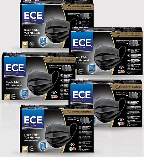 Ece Full Ultrasonik Tek Tek Paketli Meltblownlu 50'li 5 Paket Siyah Tıbbi Maske