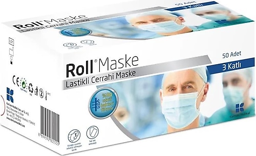 Roll 3 Katlı Tekli Paketli 50'li Cerrahi Yüz Maskesi