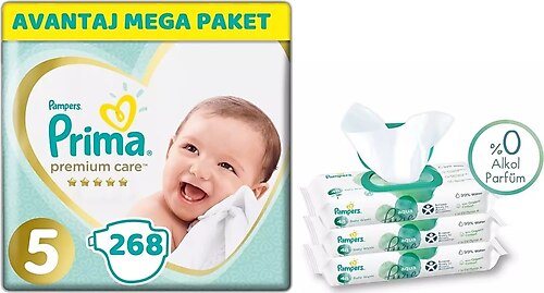 Prima Premium Care Bebek Bezi Beden:5 (11-16Kg) Junior 268 Adet Avantaj Mega Pk + 3 Adet Mendil