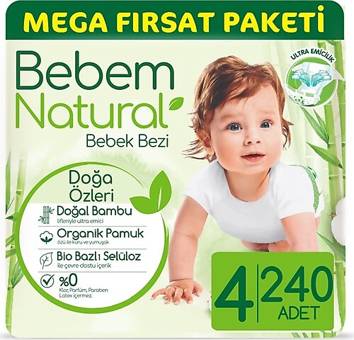 Bebem Natural 4 Numara Maxi 30'lu 8 Paket Bebek Bezi