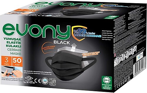 Evony 3 Katlı Filtreli Burun Telli Cerrahi Maske 50 Li Paket Siyah/Black (Yumuşak Elastik Kulaklı)