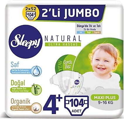Sleepy Natural 4+ Numara Maxi Plus 52'li 2 Paket Bebek Bezi